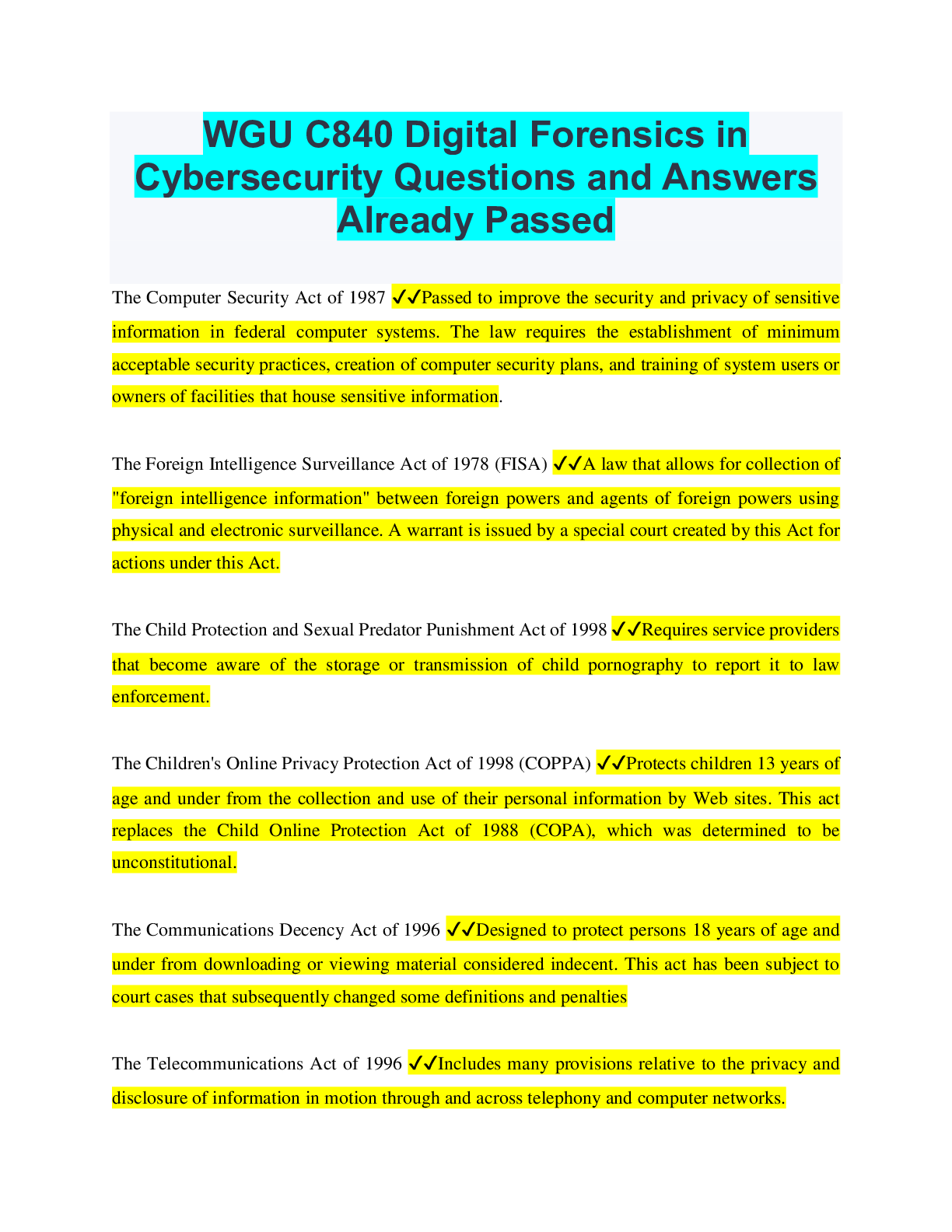 WGU Course C840 Digital Forensics in Cyber security Bundled Questions